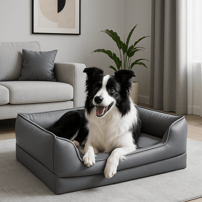 Panier-chien-design-chiot-cuir-matelas orthopédique-rebord ergonomique, entourant et sécurisant-antidérapant-100% imperméable-solide-technologie anti-affaissement-résistant aux griffes-un Border Collie couché confortablement dans son panier gris dans le salon de la maison