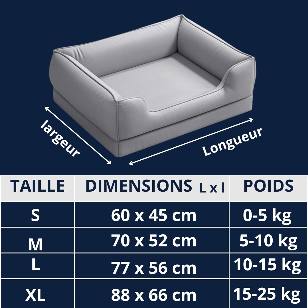 Panier-chien-design-chiot-cuir-matelas orthopédique-rebord ergonomique, entourant et sécurisant-antidérapant-100% imperméable-solide-technologie anti-affaissement-résistant aux griffes-dimensions détaillées pour 4 tailles S, M, L et XL et correspondance de poids du chien