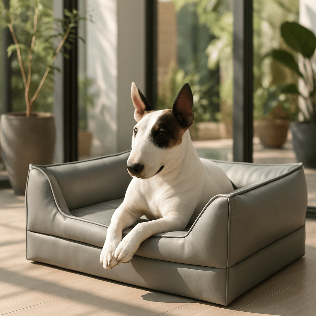 Panier-chien-design-chiot-cuir-matelas orthopédique-rebord ergonomique, entourant et sécurisant-antidérapant-100% imperméable-solide-technologie anti-affaissement-résistant aux griffes-un Bull Terrier miniature qui couché confortablement dans son panier gris dans la véranda de la maison