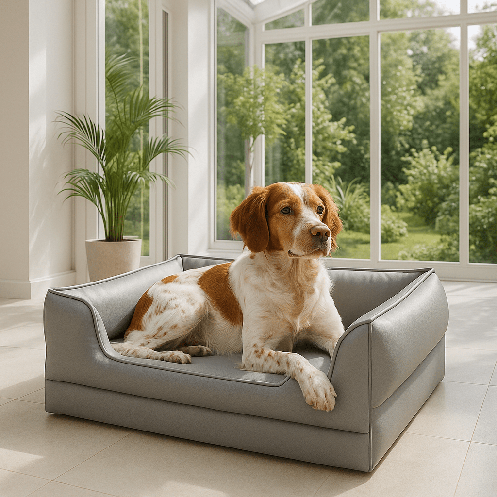 Panier-chien-design-chiot-cuir-matelas orthopédique-rebord ergonomique, entourant et sécurisant-antidérapant-100% imperméable-solide-technologie anti-affaissement-résistant aux griffes-un Épagneul Breton couché confortablement dans son panier gris dans la véranda de la maison