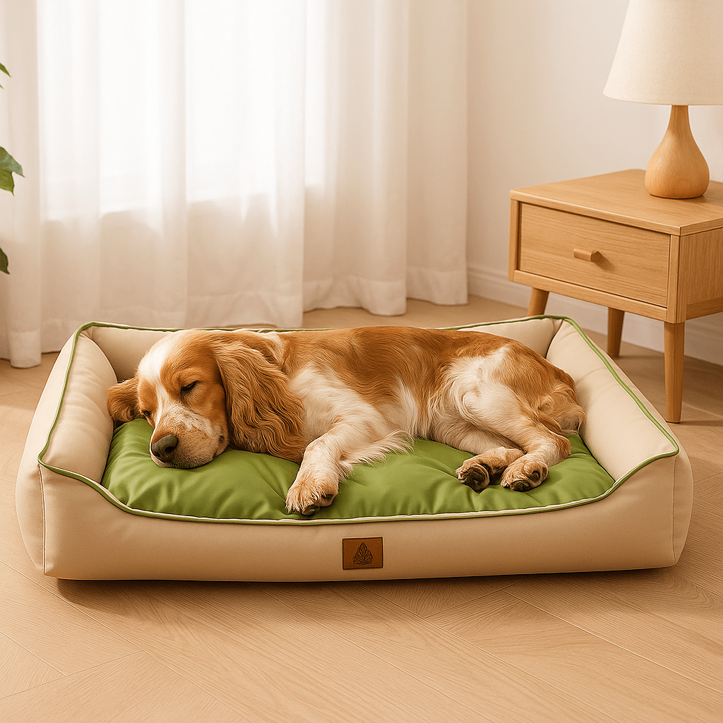 Panier-chien-imperméable-coton-oxford-coutures solides matelassé-rembourrage 100% Coton haute densité-moelleux-douillet-100% imperméable-antidérapant-résistant aux griffes-pour chien de petite à moyenne taille-un chien de taille moyenne à poils longs confortablement sur le panier avec rebord entourant en coton PP dans la chambre de la maison