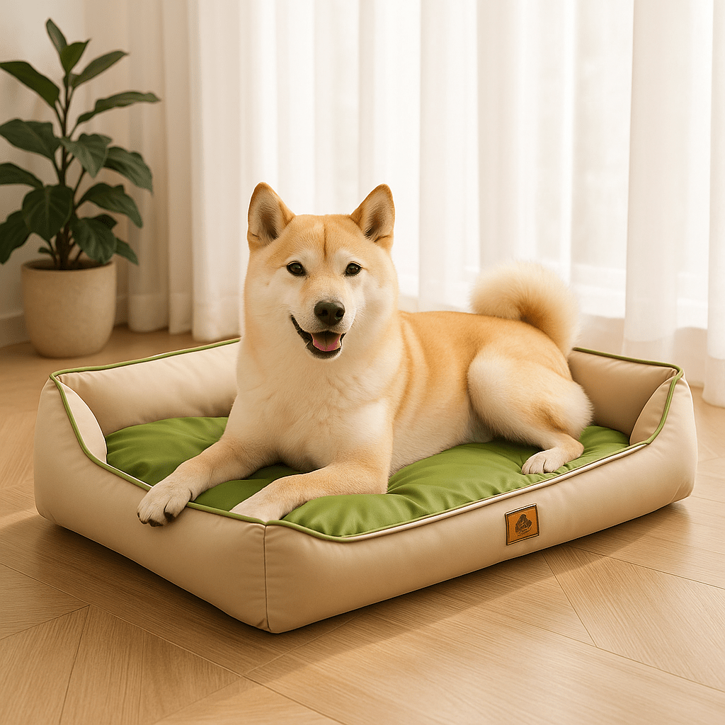 Panier-chien-imperméable-coton-oxford-coutures solides matelassé-rembourrage 100% Coton haute densité-moelleux-douillet-100% imperméable-antidérapant-résistant aux griffes-pour chien de petite à moyenne taille-un chien de taille moyenne couché confortablement sur le panier avec rebord beige et vert dans l'appartement
