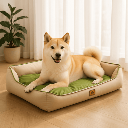 Panier-chien-imperméable-coton-oxford-coutures solides matelassé-rembourrage 100% Coton haute densité-moelleux-douillet-100% imperméable-antidérapant-résistant aux griffes-pour chien de petite à moyenne taille-un chien de taille moyenne couché confortablement sur le panier avec rebord beige et vert dans l'appartement