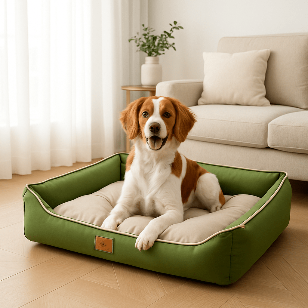 Panier-chien-imperméable-coton-oxford-coutures solides matelassé-rembourrage 100% Coton haute densité-moelleux-douillet-100% imperméable-antidérapant-résistant aux griffes-pour chien de petite à moyenne taille-un chien de taille moyenne couché confortablement sur le panier avec rebord entourant dans le salon de la maison