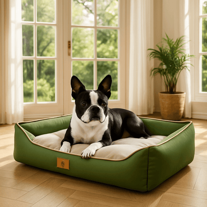 Panier-chien-imperméable-coton-oxford-coutures solides matelassé-rembourrage 100% Coton haute densité-moelleux-douillet-100% imperméable-antidérapant-résistant aux griffes-pour chien de petite à moyenne taille-un petit chien couché confortablement sur le panier avec rebord entourant en coton PP dans la véranda de la maison