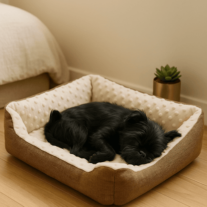 Panier-chien-lavable en machine-chiot-anti-stress-résistant aux griffes,solide, antidérapant et imperméable-séchage au sèche linge-intérieur avec capitons massant pour les chiens qui aiment creuser pour dormir-100% coton haute densité ergonomique pour petit chien de à 9 kg max-Un petit chien noir qui dort paisiblement dans son panier rectangulaire douillet et chaud anti-anxiété dans la chambre de l'appartement