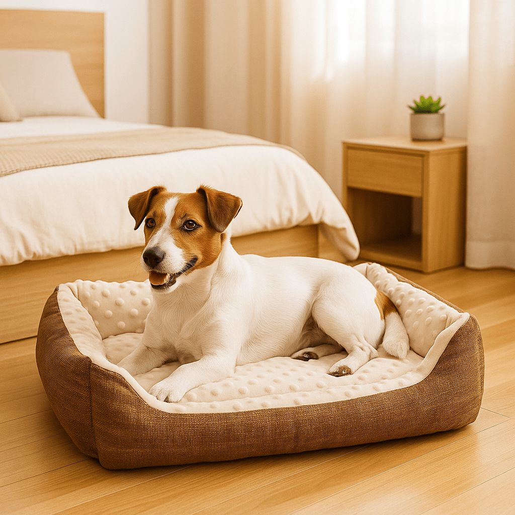 Panier-chien-lavable en machine-chiot-anti-stress-résistant aux griffes,solide, antidérapant et imperméable-séchage au sèche linge-intérieur avec capitons massant pour les chiens qui aiment creuser pour dormir-100% coton haute densité ergonomique pour petit chien de à 9 kg max-Un petit chien couché confortablement dans son panier rectangulaire douillet et chaud anti-anxiété dans la chambre de la maison