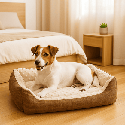Panier-chien-lavable en machine-chiot-anti-stress-résistant aux griffes,solide, antidérapant et imperméable-séchage au sèche linge-intérieur avec capitons massant pour les chiens qui aiment creuser pour dormir-100% coton haute densité ergonomique pour petit chien de à 9 kg max-Un petit chien couché confortablement dans son panier rectangulaire douillet et chaud anti-anxiété dans la chambre de la maison