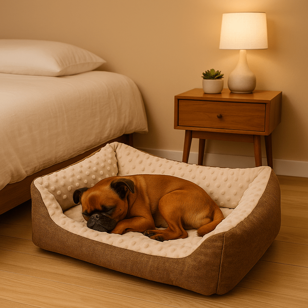 Panier-chien-lavable en machine-chiot-anti-stress-résistant aux griffes,solide, antidérapant et imperméable-séchage au sèche linge-intérieur avec capitons massant pour les chiens qui aiment creuser pour dormir-100% coton haute densité ergonomique pour petit chien de à 9 kg max-Un chien de petite race qui dort paisiblement dans son panier rectangulaire douillet et chaud anti-anxiété dans la chambre de la maison