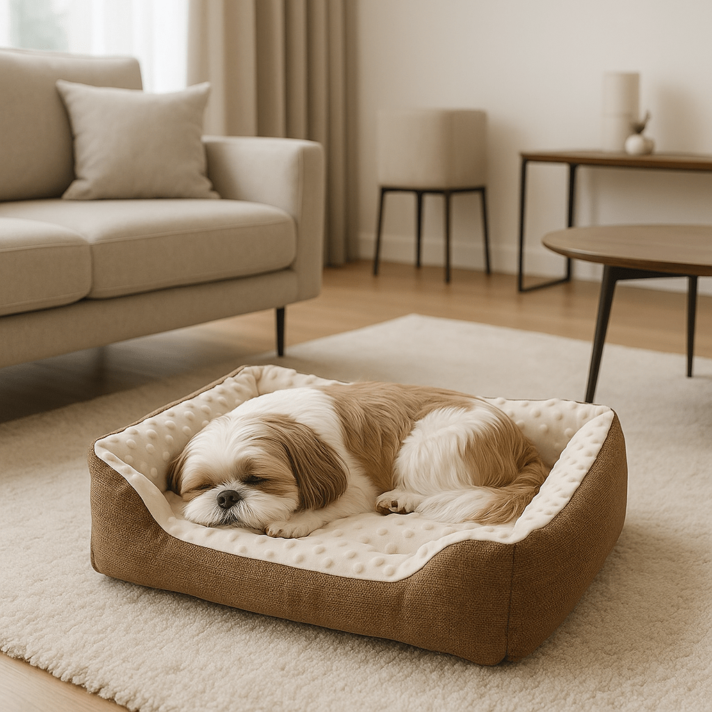 Panier-chien-lavable en machine-chiot-anti-stress-résistant aux griffes,solide, antidérapant et imperméable-séchage au sèche linge-intérieur avec capitons massant pour les chiens qui aiment creuser pour dormir-100% coton haute densité ergonomique pour petit chien de à 9 kg max-Un chien de petite taille à poils longs qui dort paisiblement dans son panier rectangulaire douillet et chaud anti-anxiété dans le salon de l'appartement
