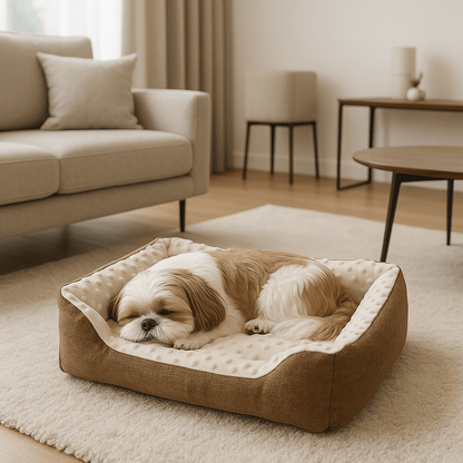 Panier-chien-lavable en machine-chiot-anti-stress-résistant aux griffes,solide, antidérapant et imperméable-séchage au sèche linge-intérieur avec capitons massant pour les chiens qui aiment creuser pour dormir-100% coton haute densité ergonomique pour petit chien de à 9 kg max-Un chien de petite taille à poils longs qui dort paisiblement dans son panier rectangulaire douillet et chaud anti-anxiété dans le salon de l'appartement