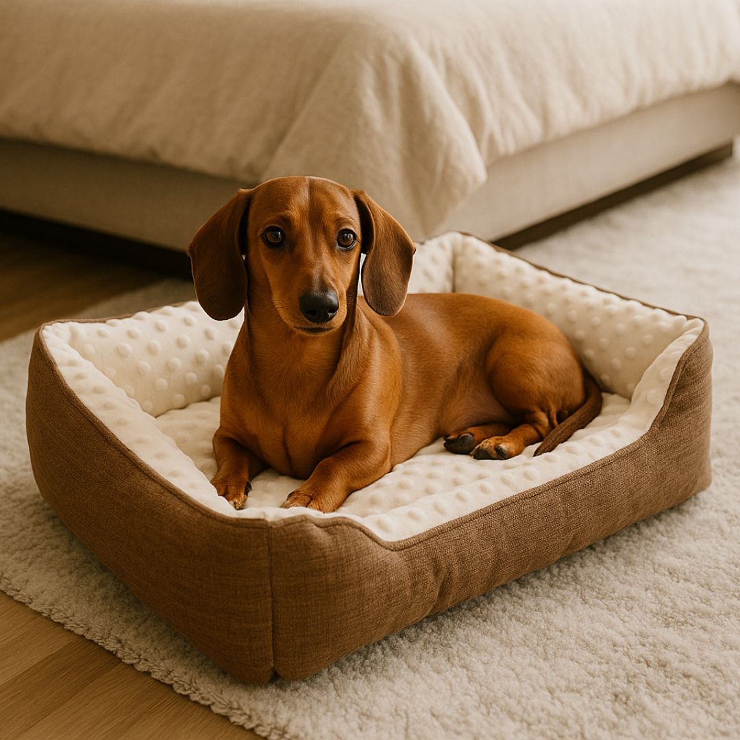 Panier-chien-lavable en machine-chiot-anti-stress-résistant aux griffes,solide, antidérapant et imperméable-séchage au sèche linge-intérieur avec capitons massant pour les chiens qui aiment creuser pour dormir-100% coton haute densité ergonomique pour petit chien de à 9 kg max-Un Teckel nain couché confortablement dans son panier rectangulaire douillet et chaud anti-anxiété dans la chambre de la maison