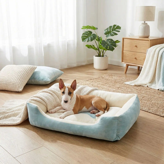 Panier-chien-lavable-chiot-design avec motif os, lavable en machien antidérapant avec rebord, coussin moelleux et ergonomique au rembourrage 100% coton haute densité de forme rectangulaire pour chien de petite à moyenne taille de 0 à 18 kilos max- un chiot bull terrier couché  confortablement dans son panier épais, chaud, hypoallergénique et ultra doux de couleur blanc et bleu dans le salon de la maison
