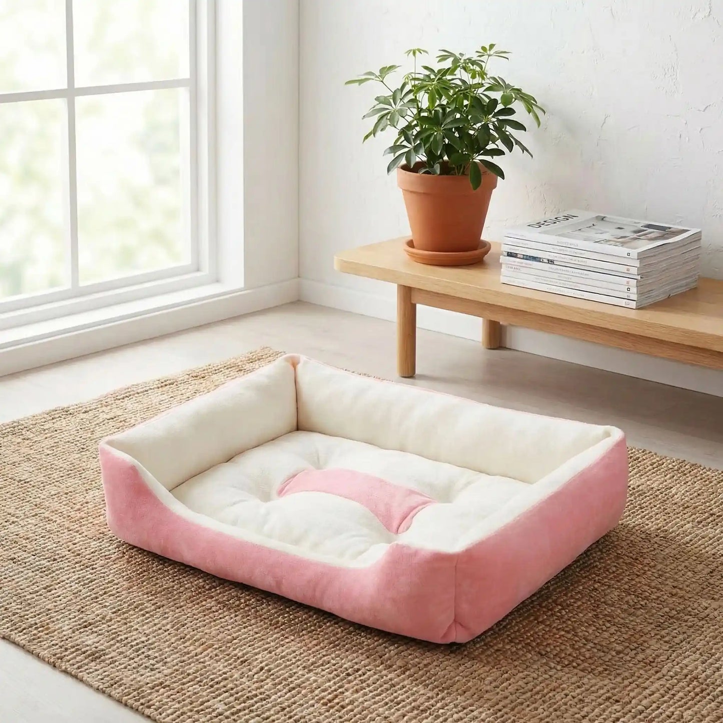 Panier-chien-lavable-chiot-design avec motif os, lavable en machien antidérapant avec rebord, coussin moelleux et ergonomique au rembourrage 100% coton haute densité de forme rectangulaire pour chien de petite à moyenne taille de 0 à 18 kilos max- gros plan que le panier avec design os rose dessiné à l'interieur de couleur rose et blanc, disponible en taille S, M et L