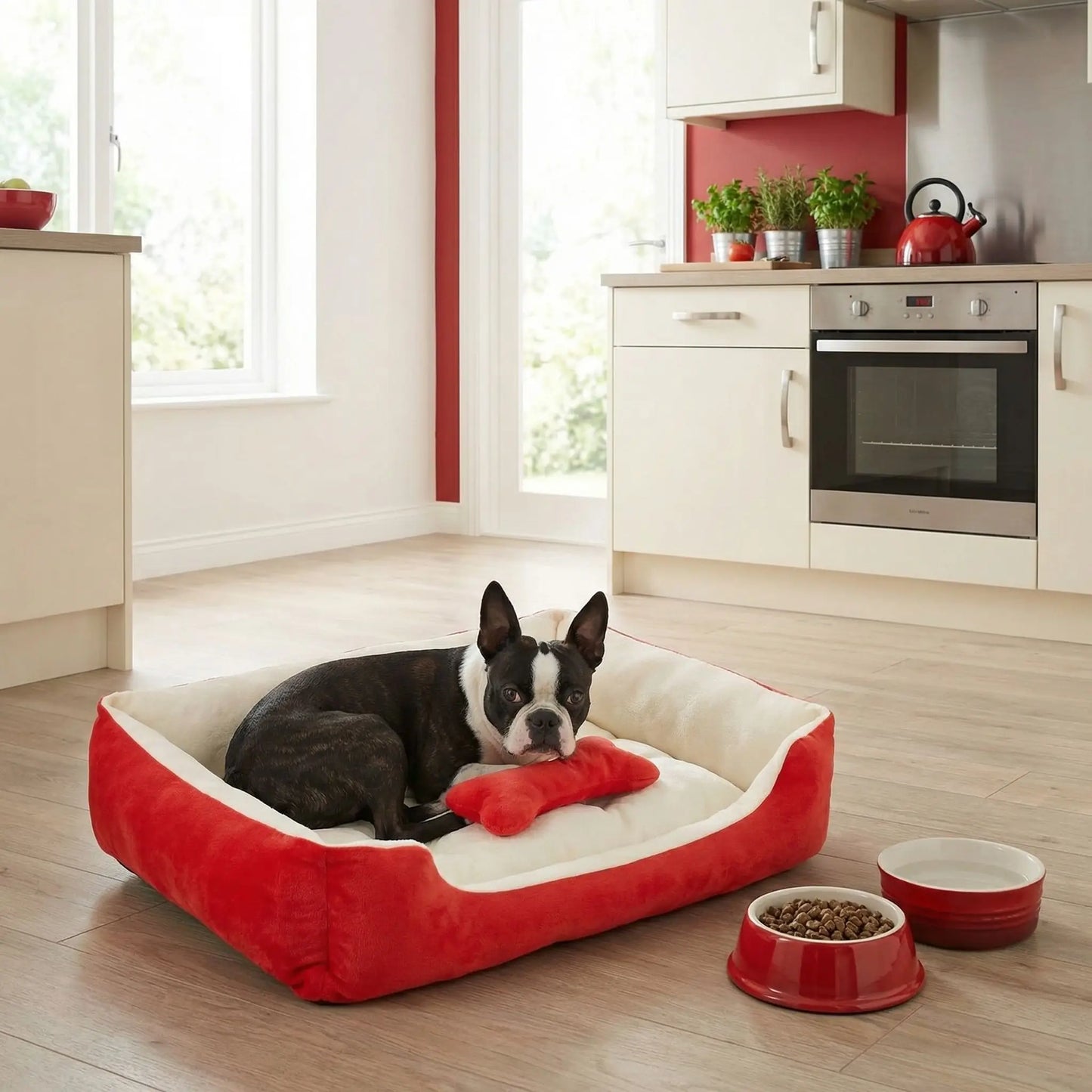 Panier-chien-lavable-chiot-design avec motif os, lavable en machien antidérapant avec rebord, coussin moelleux et ergonomique au rembourrage 100% coton haute densité de forme rectangulaire pour chien de petite à moyenne taille de 0 à 18 kilos max- un Boston terrier couché confortablement dans le panier rouge et blanc avec son design os dans la cuisine rouge et blanche de la maison
