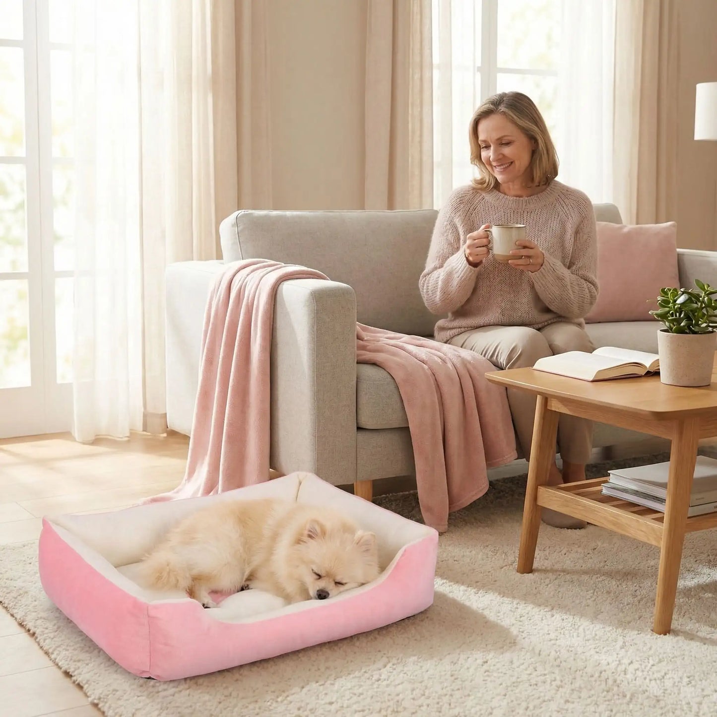 Panier-chien-lavable-chiot-design avec motif os, lavable en machien antidérapant avec rebord, coussin moelleux et ergonomique au rembourrage 100% coton haute densité de forme rectangulaire pour chien de petite à moyenne taille de 0 à 18 kilos max- un chien de petite taille qui dort paisiblement dans le panier bleu et blanc avec son design os à côté du canapé où sa maitresse qui boit son café en le regardant en souriant dans le salon de la maison