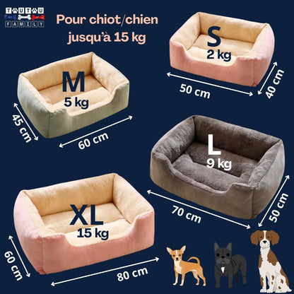 Panier-chien-lavable-guide-des-tailles-4-tailles-disponibles-S-M-L-XL pour chien de petite à moyenne taille jusqu'à 15 kg