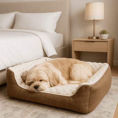 Panier-chien-lavable en machine-chiot-anti-stress-résistant aux griffes,solide, antidérapant et imperméable-séchage au sèche linge-intérieur avec capitons massant pour les chiens qui aiment creuser pour dormir-100% coton haute densité ergonomique pour petit chien de à 9 kg max-Un chien de petite taille qui dort paisiblement en boule dans son panier rectangulaire douillet et chaud anti-anxiété dans la chambre de l'appartement