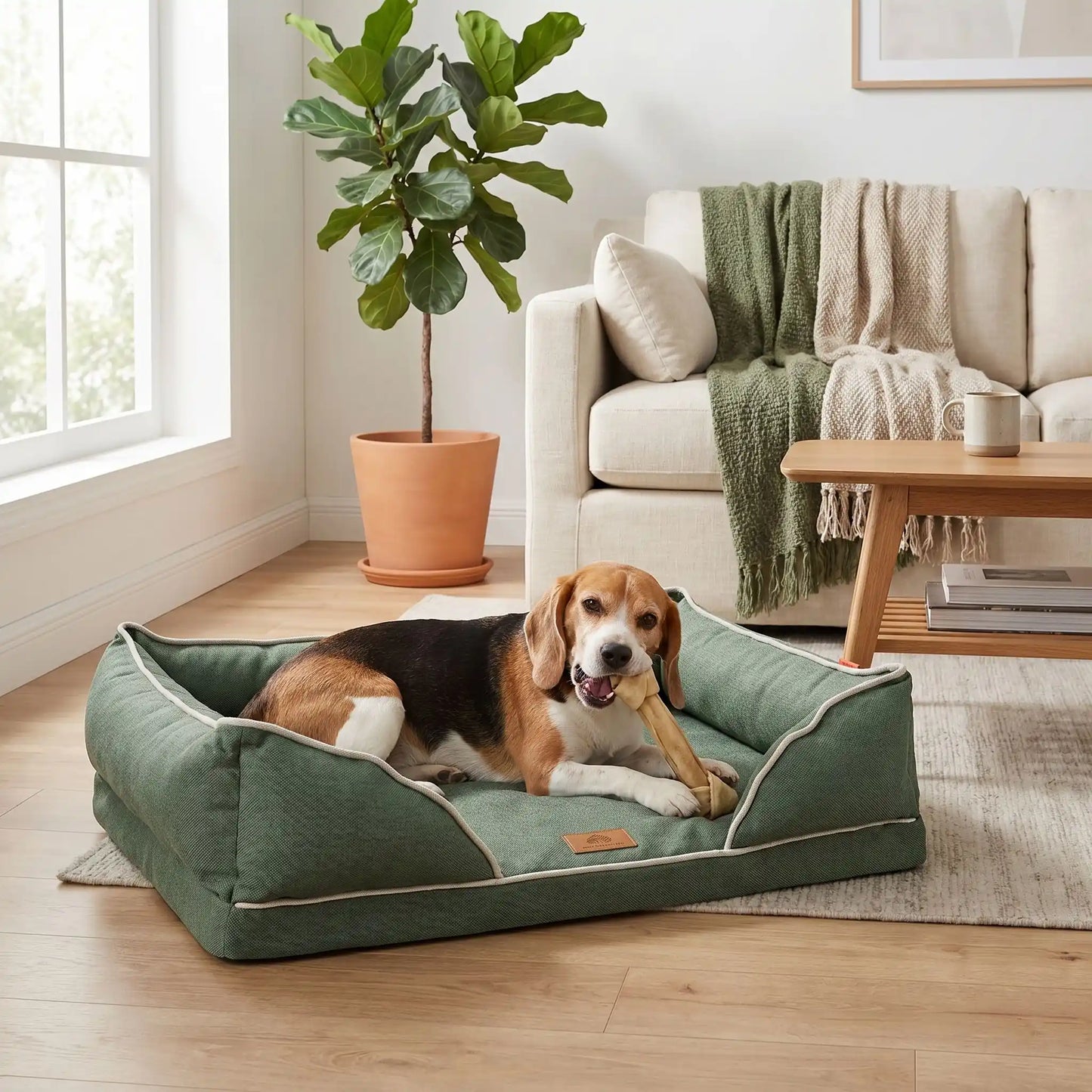 Panier-chien-lavable-chiot-dehoussable-orthopedique, avec matelas à mémoire de forme avec rebords surelevés ergonomique au rembourrage 100% coton haute densité, housse en lin respirant et tissu oxford 100% imperméable et antidérapant, disponible en 4 tailles S, M, L et XL pour petit à grand chien de 0 à 45 kilos-un chien de taille moyenne qui se fait les dents sur sa friandise confortablement couché dans le panier orthopédique rectangulaire de couleur vert dans le salon de la maison lifestyle