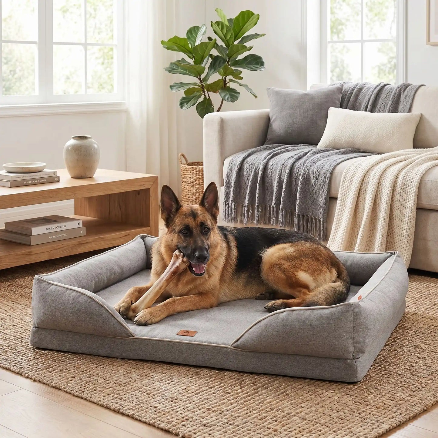 Panier-chien-lavable-chiot-dehoussable-orthopedique, avec matelas à mémoire de forme avec rebords surelevés ergonomique au rembourrage 100% coton haute densité, housse en lin respirant et tissu oxford 100% imperméable et antidérapant, disponible en 4 tailles S, M, L et XL pour petit à grand chien de 0 à 45 kilos-un chien de grande taille qui mâche son os  couché confortablement dans le panier orthopédique rectangulaire de couleur gris dans le salon lifestyle de la maison