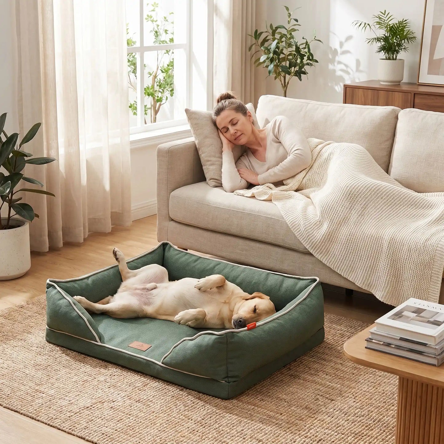 Panier-chien-lavable-chiot-dehoussable-orthopedique, avec matelas à mémoire de forme avec rebords surelevés ergonomique au rembourrage 100% coton haute densité, housse en lin respirant et tissu oxford 100% imperméable et antidérapant, disponible en 4 tailles S, M, L et XL pour petit à grand chien de 0 à 45 kilos-un grand chien qui dort confortablement les pattes en l'air dans le panier orthopédique rectangulaire de couleur vert au pied du canapé de son maitre qui y fait une sieste dans le salon 