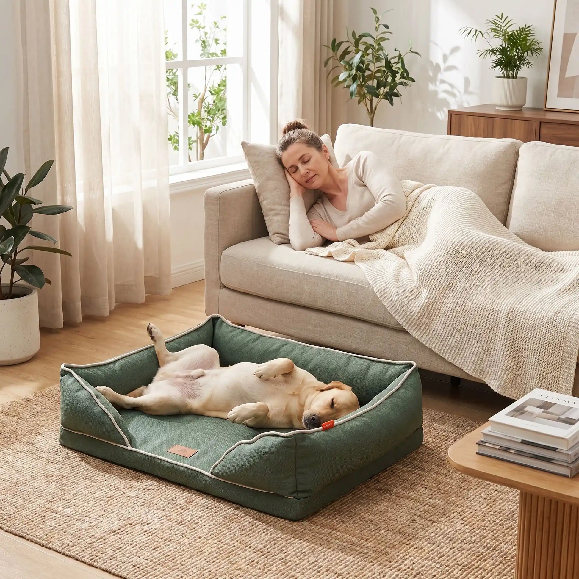 Panier-chien-lavable-chiot-dehoussable-orthopedique, avec matelas à mémoire de forme avec rebords surelevés ergonomique au rembourrage 100% coton haute densité, housse en lin respirant et tissu oxford 100% imperméable et antidérapant, disponible en 4 tailles S, M, L et XL pour petit à grand chien de 0 à 45 kilos-un grand chien qui dort confortablement les pattes en l'air dans le panier orthopédique rectangulaire de couleur vert au pied du canapé de son maitre qui y fait une sieste dans le salon 