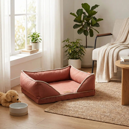 Panier-chien-lavable-chiot-dehoussable-orthopedique, avec matelas à mémoire de forme avec rebords surelevés ergonomique au rembourrage 100% coton haute densité, housse en lin respirant et tissu oxford 100% imperméable et antidérapant, disponible en 4 tailles S, M, L et XL pour petit à grand chien de 0 à 45 kilos-gros plan sur le panier orthopédique restangulaire déhoussable et lavable en lin et coton imperméable de couleur rouge brique rembourré et épais en taille M dans salon de l'appartement