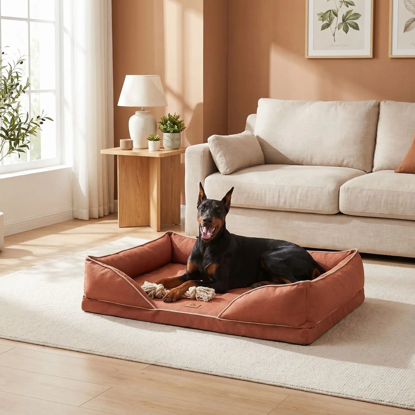 Panier-chien-lavable-chiot-dehoussable-orthopedique, avec matelas à mémoire de forme avec rebords surelevés ergonomique au rembourrage 100% coton haute densité, housse en lin respirant et tissu oxford 100% imperméable et antidérapant, disponible en 4 tailles S, M, L et XL pour petit à grand chien de 0 à 45 kilos-un chien de grande taille heureux et confortablement couché dans le panier orthopédique xxl rectangulaire de couleur rouge brique imperméable dans le salon de la maison design