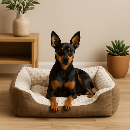 Panier-chien-lavable en machine-chiot-anti-stress-résistant aux griffes,solide, antidérapant et imperméable-séchage au sèche linge-intérieur avec capitons massant pour les chiens qui aiment creuser pour dormir-100% coton haute densité ergonomique pour petit chien de à 9 kg max-Un chien nain couché confortablement dans son panier rectangulaire douillet et chaud anti-anxiété dans le salon de l'appartement