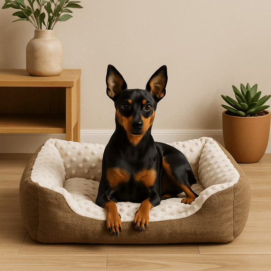 Panier-chien-lavable en machine-chiot-anti-stress-résistant aux griffes,solide, antidérapant et imperméable-séchage au sèche linge-intérieur avec capitons massant pour les chiens qui aiment creuser pour dormir-100% coton haute densité ergonomique pour petit chien de à 9 kg max-Un chien nain couché confortablement dans son panier rectangulaire douillet et chaud anti-anxiété dans le salon de l'appartement