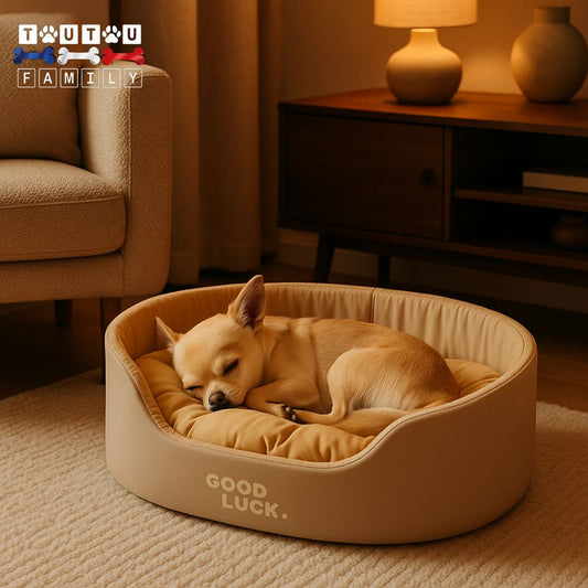 Panier-chien-lavable-pour-petit-a-moyen-chien-un-chihuahua-qui-dort-en-boule-au-chaud-dans-son-panier-avec-coussin-100%-coton-à mémoire-de-forme-et-structure-en-mousse-douce-et-indéformable