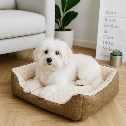 Panier-chien-lavable en machine-chiot-anti-stress-résistant aux griffes,solide, antidérapant et imperméable-séchage au sèche linge-intérieur avec capitons massant pour les chiens qui aiment creuser pour dormir-100% coton haute densité ergonomique pour petit chien de à 9 kg max-Un petit chien couché confortablement dans son panier rectangulaire douillet et chaud anti-anxiété dans la chambre de la maison