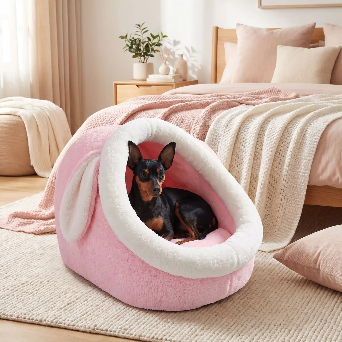 Panier-chien-chiot-niche-anti-stress, conception semie fermée avec toit et coussin amovible en velours rembourrage 100% coton PP, niche en peluche douce et design mignon avec oreilles de lapin, fond antidérapant et imperméable, lavable en machine pour chiot et chien de petite race de 0 à 3 kg-un chiot de taille naine couché confortablement dans son panier avec toit en dôme comme une cabane en peluche douce et oreilles de lapin de couleur rose et blanc dans la chambre de la maison