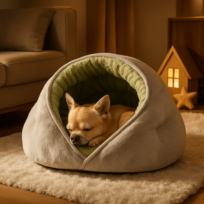 Panier-chien-niche-coton-entourant-anti-stress en velours et rembourrage 100% Coton haute densité avec rebord haut comme un toit et ouverture ouverte sur le devant-antidérapant et imperméable lavable en machine-un chien de race naine qui dort paisiblement niché dans son petit panierde taille S en forme de petite maison grise dans le salon douillet de l'appartement