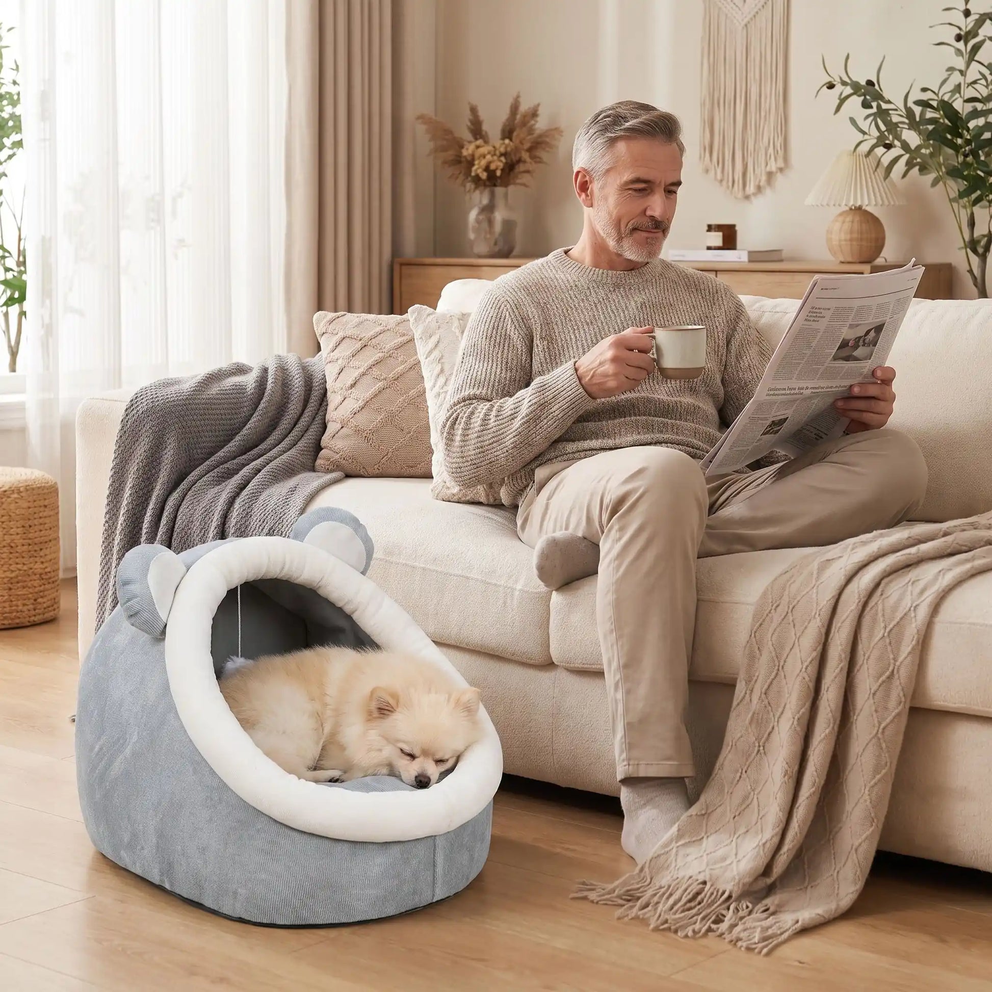 Panier-chien-chiot-niche-anti-stress, conception semie fermée avec toit et coussin amovible en velours rembourrage 100% coton PP, niche en peluche douce et design mignon avec oreilles d'ours, fond antidérapant et imperméable, lavable en machine pour chiot et chien de petite race de 0 à 3 kg-un chien de race Toy qui dort couché confortablement dans son panier avec toit en dôme comme une cabane en peluche douce au pied de son maitre qui boit son café assis sur le canapé du salon de la maison