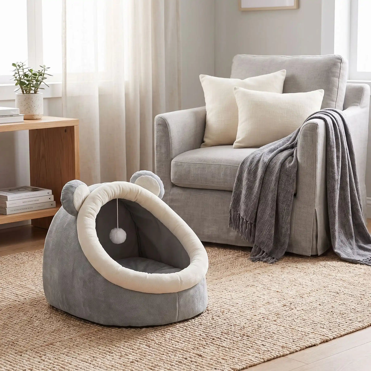 Panier-chien-chiot-niche-anti-stress, conception semie fermée avec toit et coussin amovible en velours rembourrage 100% coton PP, niche en peluche douce et design mignon avec oreilles d'ours, fond antidérapant et imperméable, lavable en machine pour chiot et chien de petite race de 0 à 3 kg-gros plan sur le panier avec toit en dôme comme une cabane en peluche douce et oreilles d'ours de couleur gris et blanc dans le salon de l'appartement