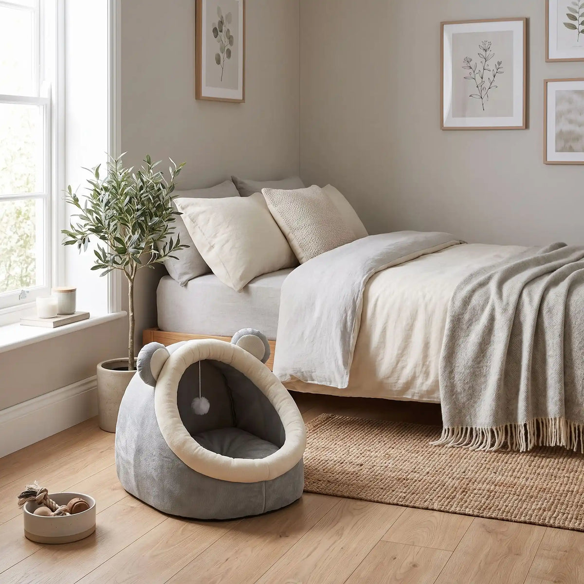 Panier-chien-chiot-niche-anti-stress, conception semie fermée avec toit et coussin amovible en velours rembourrage 100% coton PP, niche en peluche douce et design mignon avec oreilles d'ours, fond antidérapant et imperméable, lavable en machine pour chiot et chien de petite race de 0 à 3 kg-gros plan sur le panier avec toit en dôme comme une cabane en peluche douce et oreilles d'ours de couleur gris et blanc dans la chambre de l'appartement