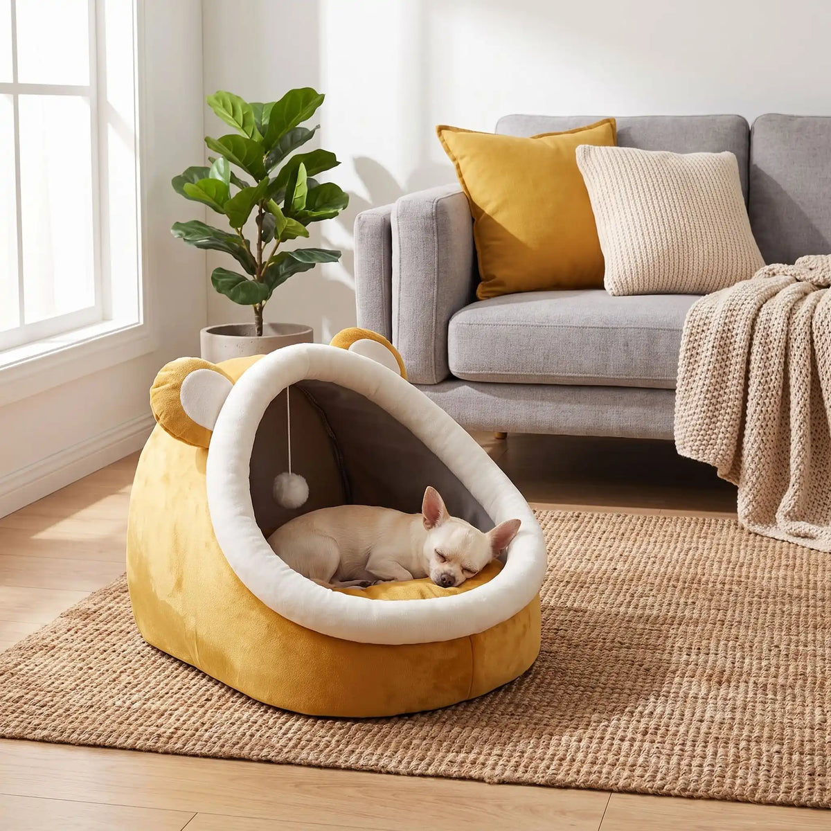 Panier-chien-chiot-niche-anti-stress, conception semie fermée avec toit et coussin amovible en velours rembourrage 100% coton PP, niche en peluche douce et design mignon avec oreilles d'ours, fond antidérapant et imperméable, lavable en machine pour chiot et chien de petite race de 0 à 3 kg-un chien de race miniature qui dort couché confortablement dans son panier avec toit en dôme comme une cabane en peluche douce et oreilles d'ours de couleur ocre et blanc dans le salon de la maison