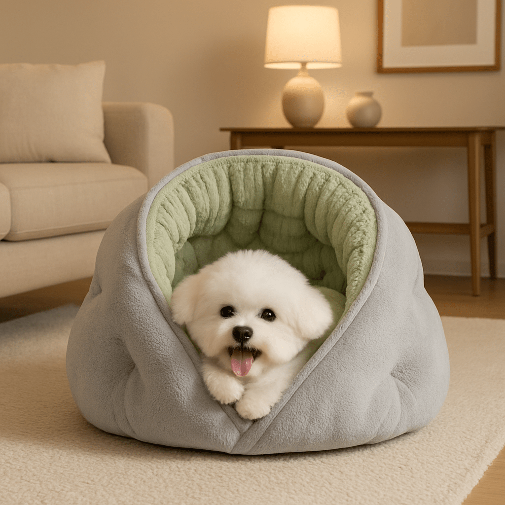 Panier-chien-niche-coton-entourant-anti-stress en velours et rembourrage 100% Coton haute densité avec rebord haut comme un toit et ouverture ouverte sur le devant-antidérapant et imperméable lavable en machine-un petit chien blanc confortablement niché dans son panier en forme de petite maison grise dans le salon douillet de la maison