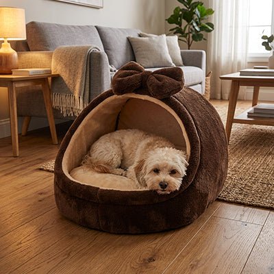 Panier-chien-niche-cocon-avec-coussin ergonomique et amovible, panier anti-stress 100% coton haute densité, lavable en machine, antidérapant avec toit , enveloppant, protège du sol froid et des courant d'air pour les chiots et chiens de race naine ou  petite taille de 0 à 5 kilos-un chiot Maltipoo couché confortablement au chaud et en sécurité dans son panier niche design marron avec son noeud sur le toit décoratif sur le sol du salon de l'appartement