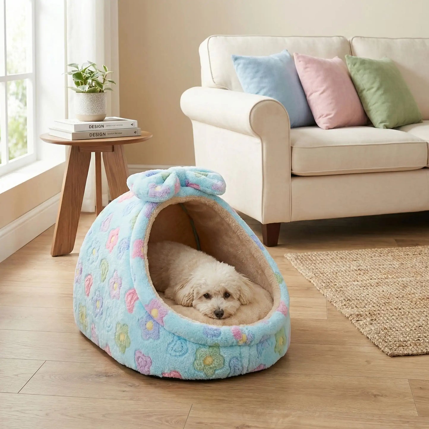 Panier-chien-niche-cocon-avec-coussin ergonomique et amovible, panier anti-stress 100% coton haute densité, lavable en machine, antidérapant avec toit , enveloppant, protège du sol froid et des courant d'air pour les chiots et chiens de race naine ou  petite taille de 0 à 5 kilos-un bichon frisé couché confortablement au chaud et en sécurité dans son panier niche design floral avec son noeud sur le toit décoratif sur le sol du salon de l'appartement