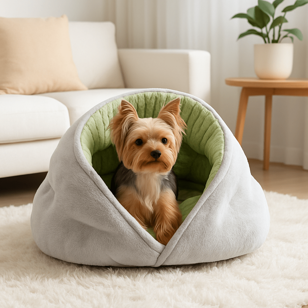 Panier-chien-niche-coton-entourant-anti-stress en velours et rembourrage 100% Coton haute densité avec rebord haut comme un toit et ouverture ouverte sur le devant-antidérapant et imperméable lavable en machine-un chien de petite taille couché confortablement niché dans son panier en forme de petite maison grise dans le salon douillet de l'appartement