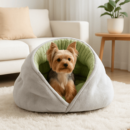Panier-chien-niche-coton-entourant-anti-stress en velours et rembourrage 100% Coton haute densité avec rebord haut comme un toit et ouverture ouverte sur le devant-antidérapant et imperméable lavable en machine-un chien de petite taille couché confortablement niché dans son panier en forme de petite maison grise dans le salon douillet de l'appartement