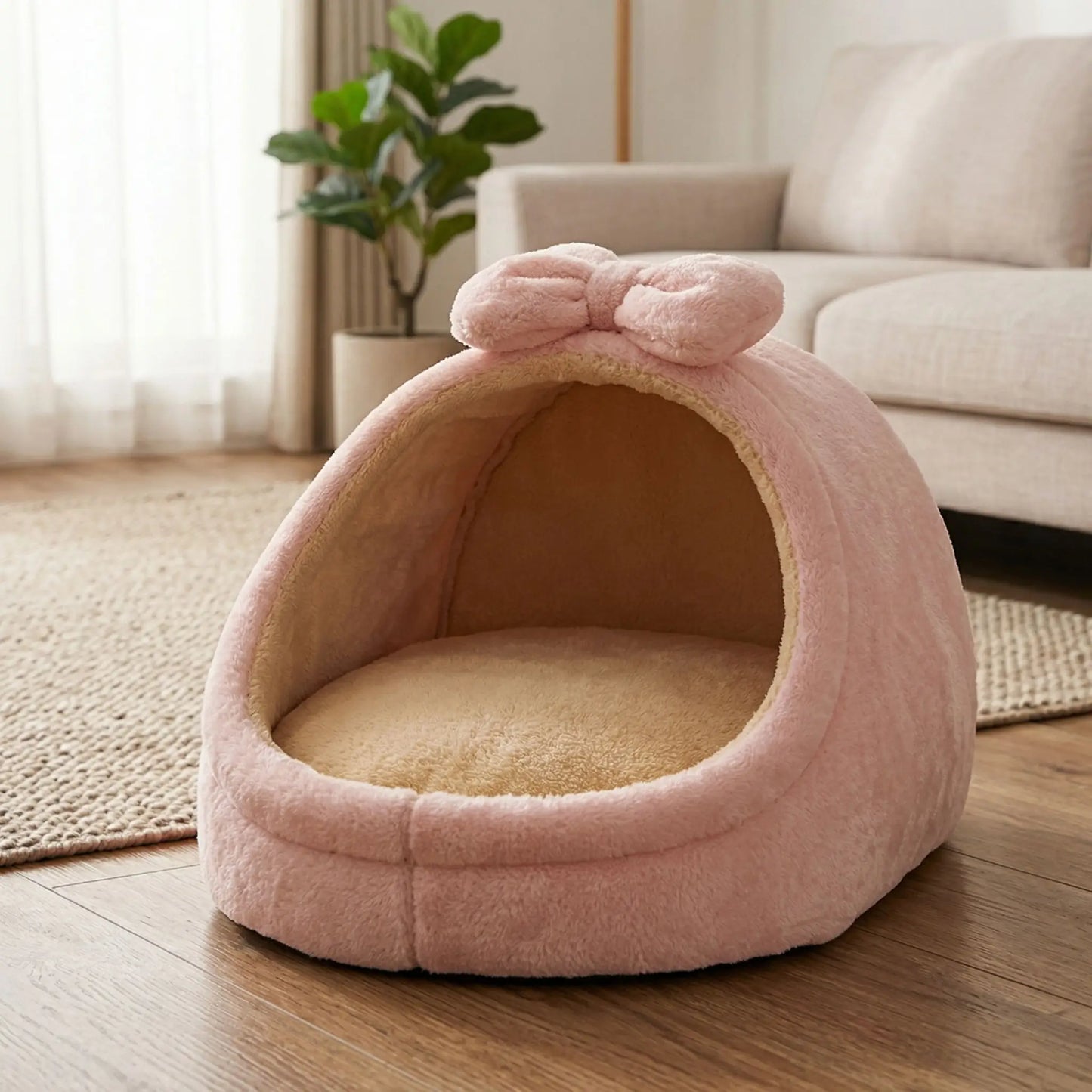Panier-chien-niche-cocon-avec-coussin ergonomique et amovible, panier anti-stress 100% coton haute densité, lavable en machine, antidérapant avec toit , enveloppant, protège du sol froid et des courant d'air pour les chiots et chiens de race naine ou  petite taille de 0 à 5 kilos-gros plan sur le panier niche de couleur rose pour petit chien sur le sol du salon de la maison