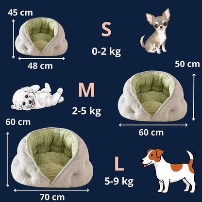 Panier-chien-niche-coton-entourant-anti-stress en velours et rembourrage 100% Coton haute densité avec rebord haut comme un toit et ouverture ouverte sur le devant-antidérapant et imperméable lavable en machine-3 tailles disponibles S, M et L pour chiot et chien de petite taille de 0 à 9 kg avec dimensions détaillées et correspondance de poids de chaque chien