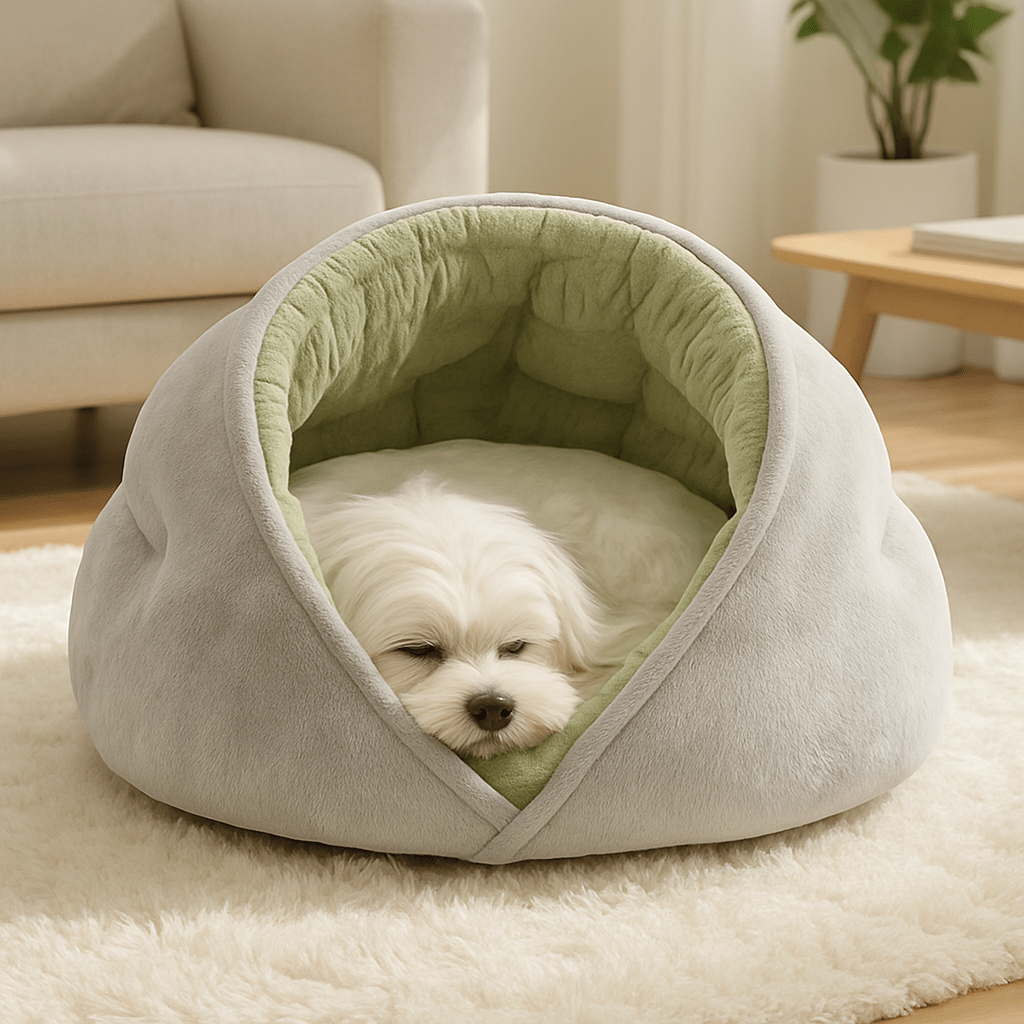 Panier-chien-niche-coton-entourant-anti-stress en velours et rembourrage 100% Coton haute densité avec rebord haut comme un toit et ouverture ouverte sur le devant-antidérapant et imperméable lavable en machine-un chien de petite taille qui dort paisiblement niché dans son panier en forme de petite maison grise dans le salon douillet de l'appartement