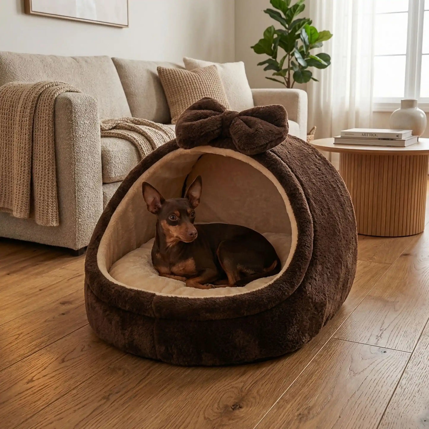 Panier-chien-niche-cocon-avec-coussin ergonomique et amovible, panier anti-stress 100% coton haute densité, lavable en machine, antidérapant avec toit , enveloppant, protège du sol froid et des courant d'air pour les chiots et chiens de race naine ou  petite taille de 0 à 5 kilos-un chien nain couché confortablement au chaud et en sécurité dans son panier niche design marron avec son noeud sur le toit décoratif sur le sol du salon de l'appartement