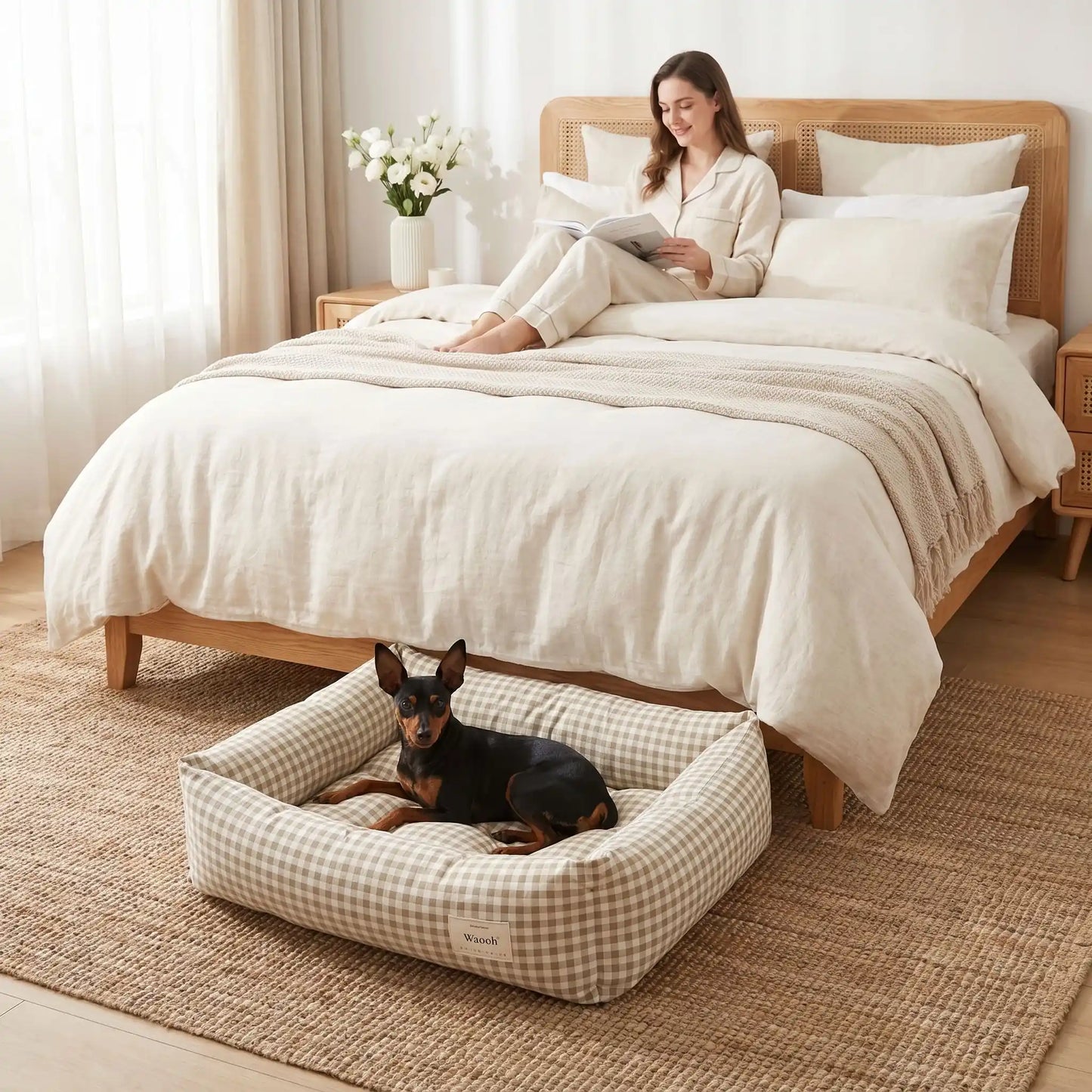 Panier chien et chiot rectangulaire avec rebord 360° surélevé en tissu pour chien de petite taille, 100% coton haute densité avec coussin intérieur amovible double-face été/hiver lavable en machine avec fond imperméable et antidérapant, design à carreaux vichy chic et frais pour un lit 4 saisons pour chien et chiot de 0 à 9 kilos-un Pinscher nain couché confortablement dans le panier rectangulaire vichy de couleur beige au pied du lit de sa maitresse allongée qui lit son magazine dans la chambre 