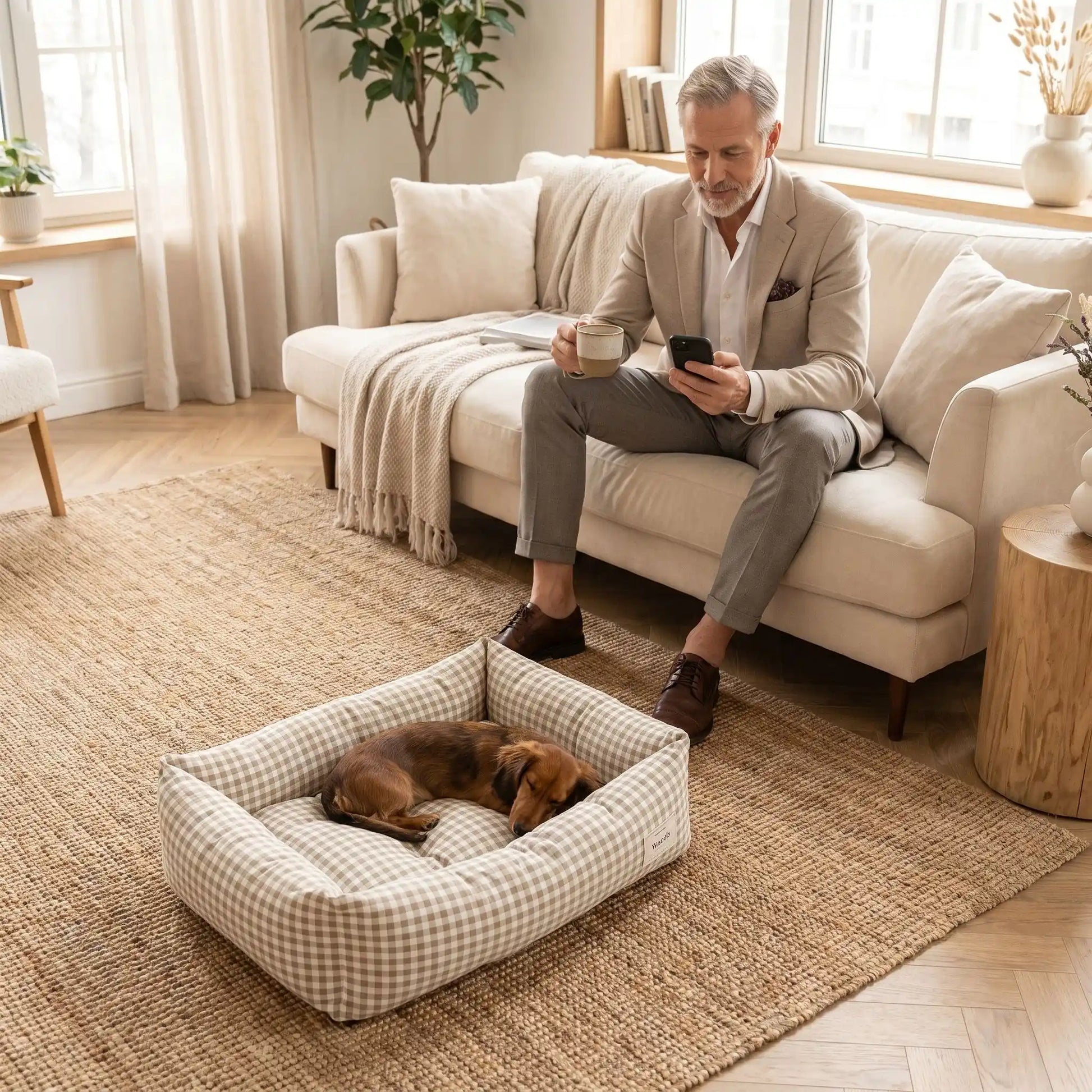 Panier chien et chiot rectangulaire avec rebord 360° surélevé en tissu pour chien de petite taille, 100% coton haute densité avec coussin intérieur amovible double-face été/hiver lavable en machine avec fond imperméable et antidérapant, design à carreaux vichy chic et frais pour un lit 4 saisons pour chien et chiot de 0 à 9 kilos-un teckel qui dort paisiblement niché contre les bords du panier rectangulaire rembourré  à carreaux vichy de couleur beige au pied de son maitre qui boit son café sur le canapé 