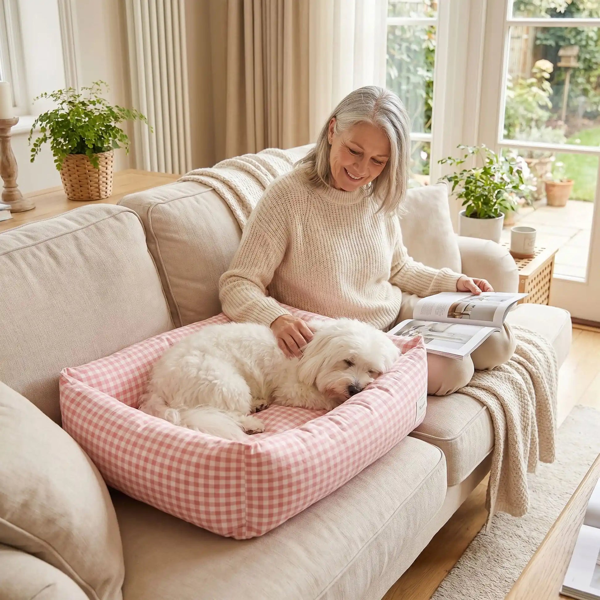 Panier chien et chiot rectangulaire avec rebord 360° surélevé en tissu pour chien de petite taille, 100% coton haute densité avec coussin intérieur amovible double-face été/hiver lavable en machine avec fond imperméable et antidérapant, design à carreaux vichy chic et frais pour un lit 4 saisons pour chien et chiot de 0 à 9 kilos-un petit chien qui dort paisiblement avec sa peluche dans le panier rectangulaire vichy de couleur rose à côté de sa maitresse qui le caresse tendrement sur le canapé du salon 